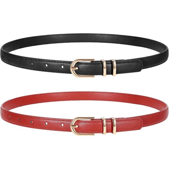 2 Pack Women's Skinny Leather Belts Black Red Thin Faux with Gold Buckle - Picture 1 of 6